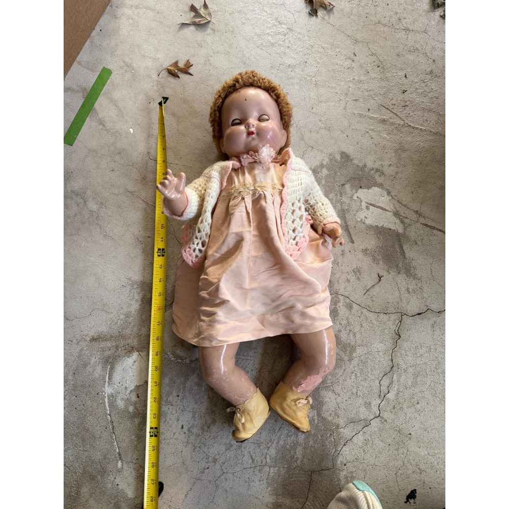 Vintage Effanbee Composition Baby Doll 24 Inch Cloth Body Sleep Eyes Peach Dress